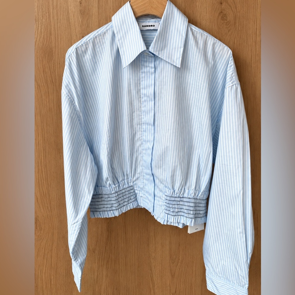 Sandro Light Blue & White Striped Smocked Hem Button-Front Blouse
